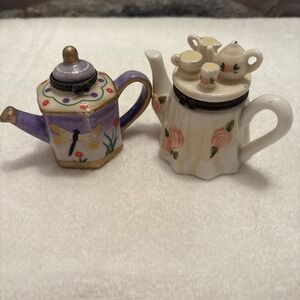 Set Of 2 Retro Vintage Hand Painted Porcelain Trinket Box Tea Pots
